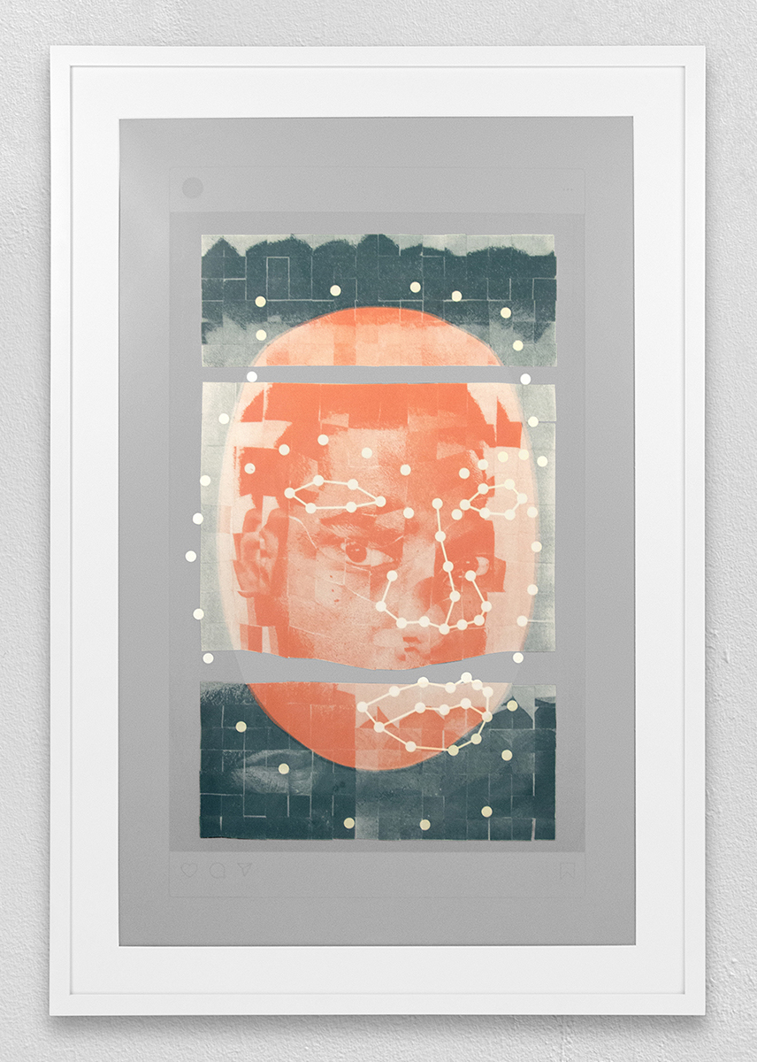 ”052606 Steven” screenprint and flocking on Yupo 24” x 36” 2020