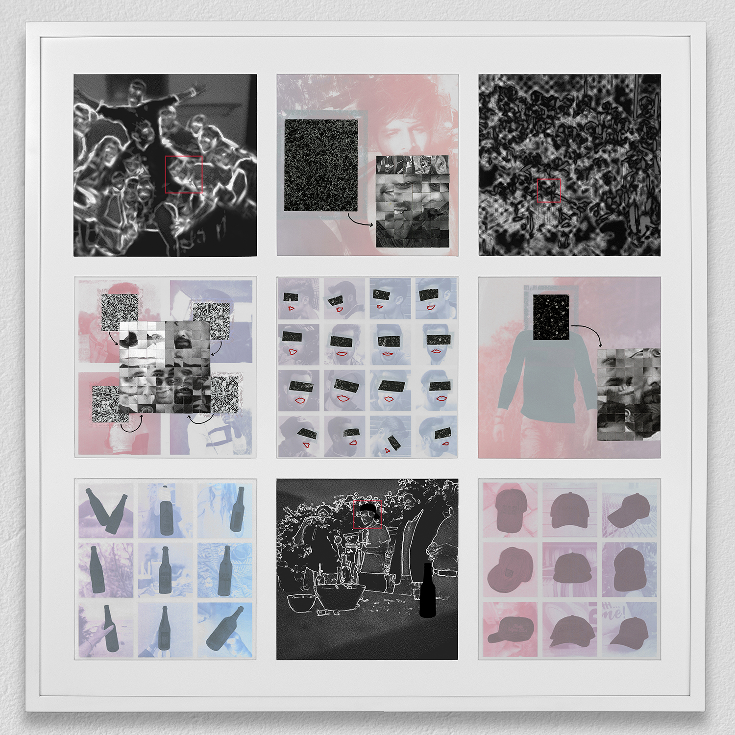 ”Profile #093730 Saman” acrylic screenprint, digital print, collage, paint marker, vinyl, Yupo 11” x 11” pieces each, 36” x 36” all together framed 2020