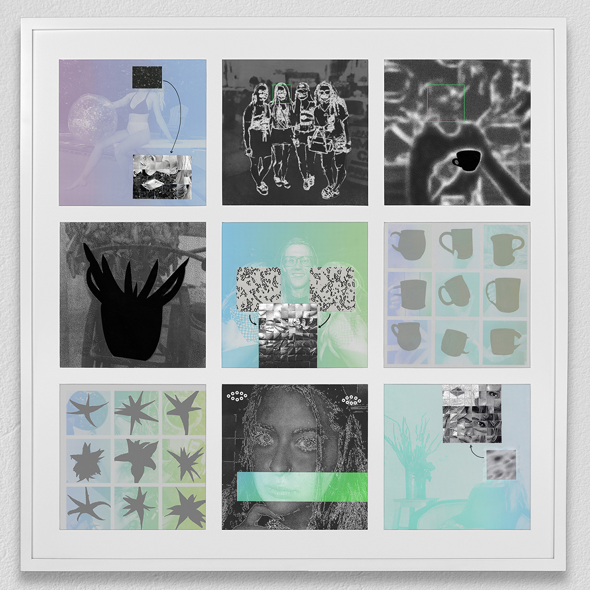 ”Profile #075138 Lauren” acrylic screenprint, digital print, collage, paint marker, vinyl, Yupo 11” x 11” pieces each, 36” x 36” all together framed 2020