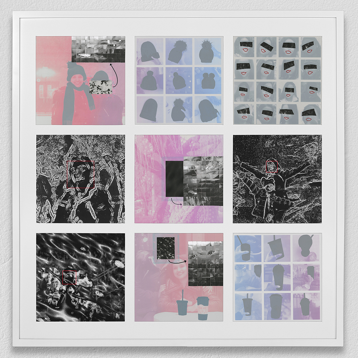 ”Profile #082058 Nayana” acrylic screenprint, digital print, collage, paint marker, vinyl, Yupo 11” x 11” pieces each, 36” x 36” all together framed 2020