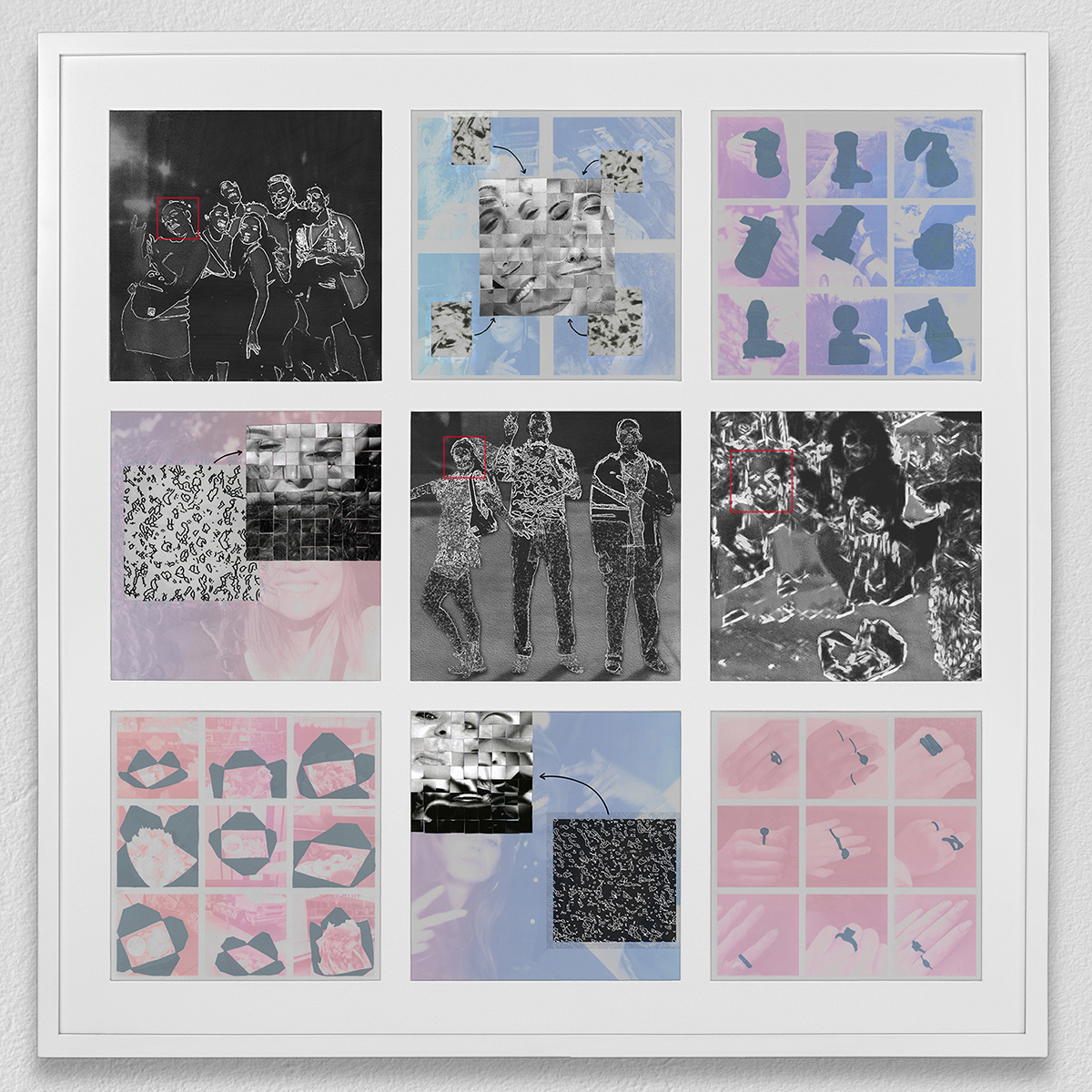 ”Profile #114445 Jess” acrylic screenprint, digital print, collage, paint marker, vinyl, Yupo 11” x 11” pieces each, 36” x 36” all together framed 2020