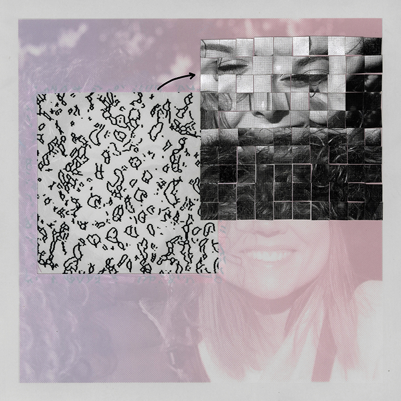 “Jess Link 1” screenprint, digital print, and collage on Yupo 11” x 11” 2020