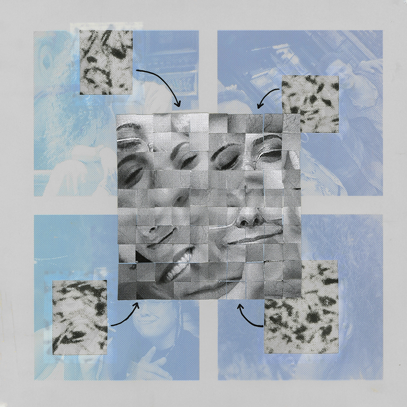 “Jess Link 2” screenprint, digital print, and collage on Yupo 11” x 11” 2020