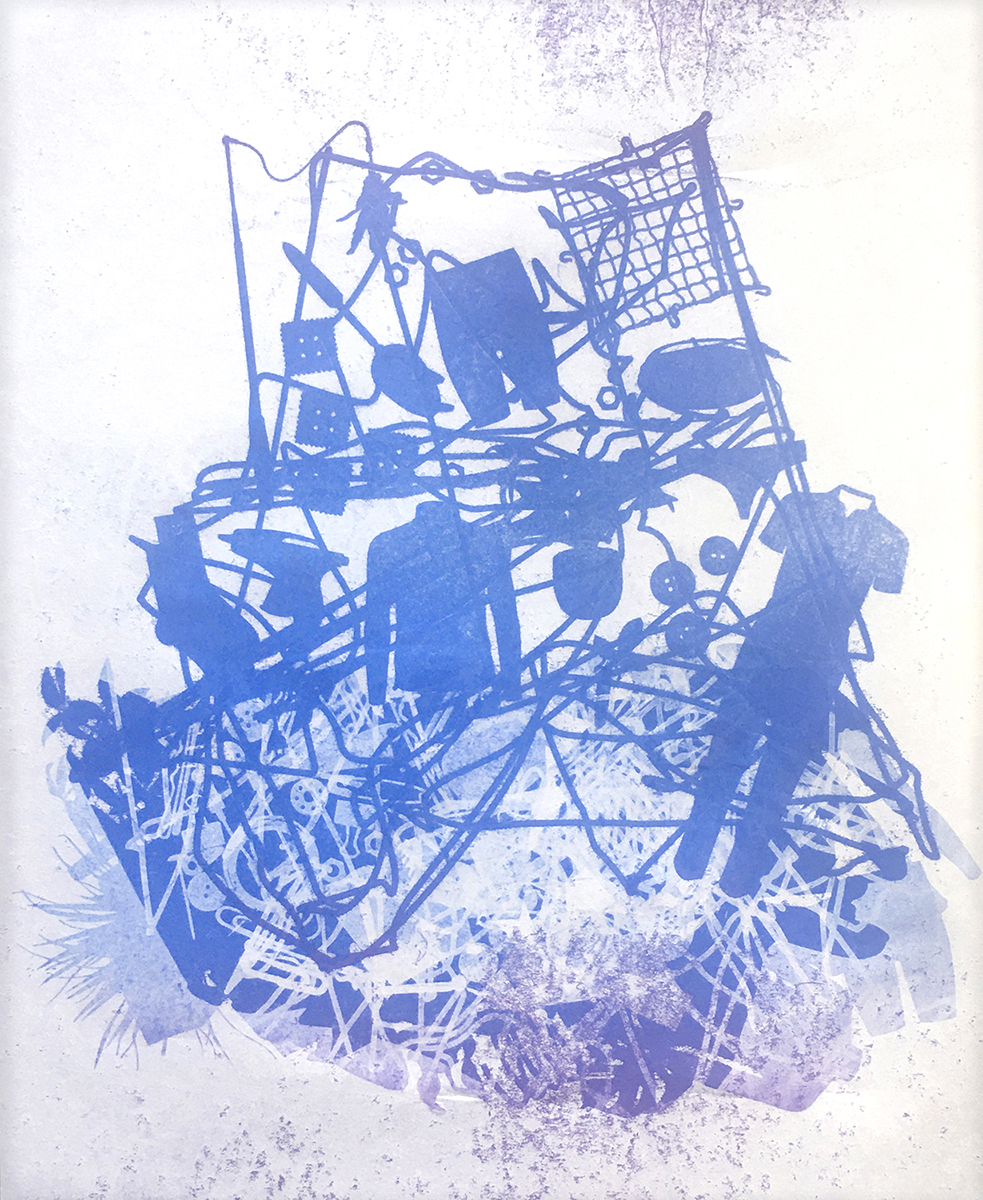 “Shipment Delay” computer mouse movement tracking, laser-cut woodblocks, pressure-prints 16” x 20”, 2022
