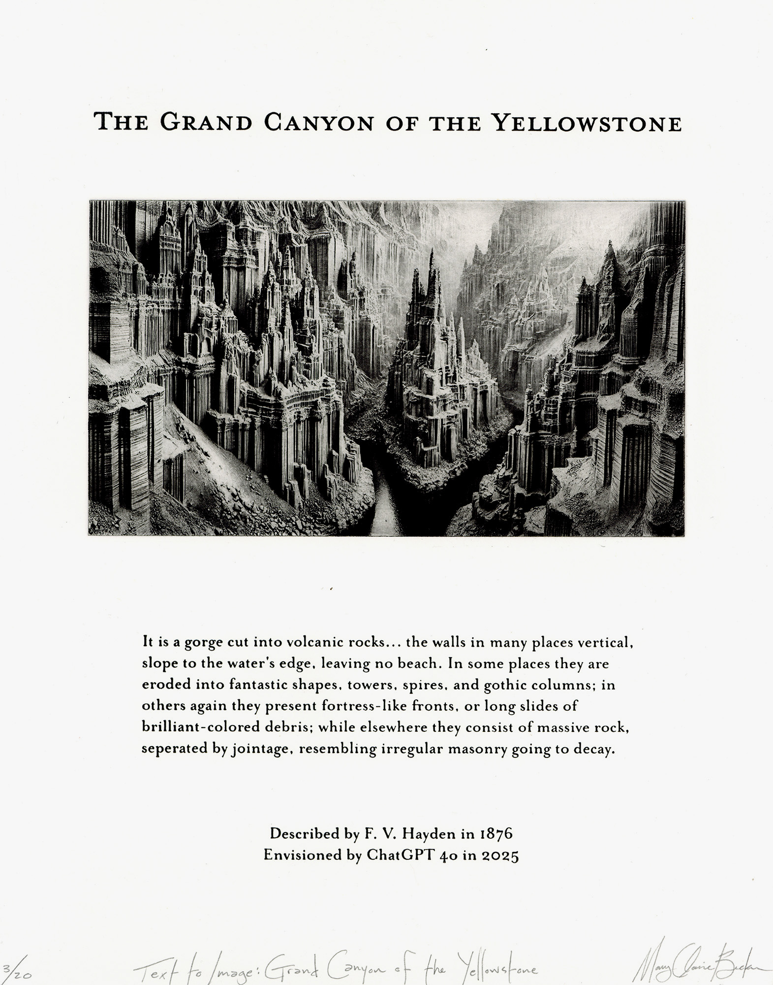 ”Text to Image: Grand Canyon of the Yellowstone” Mary Claire Becker, Photopolymer Intaglio and Relief, 11” x 14”, 2025